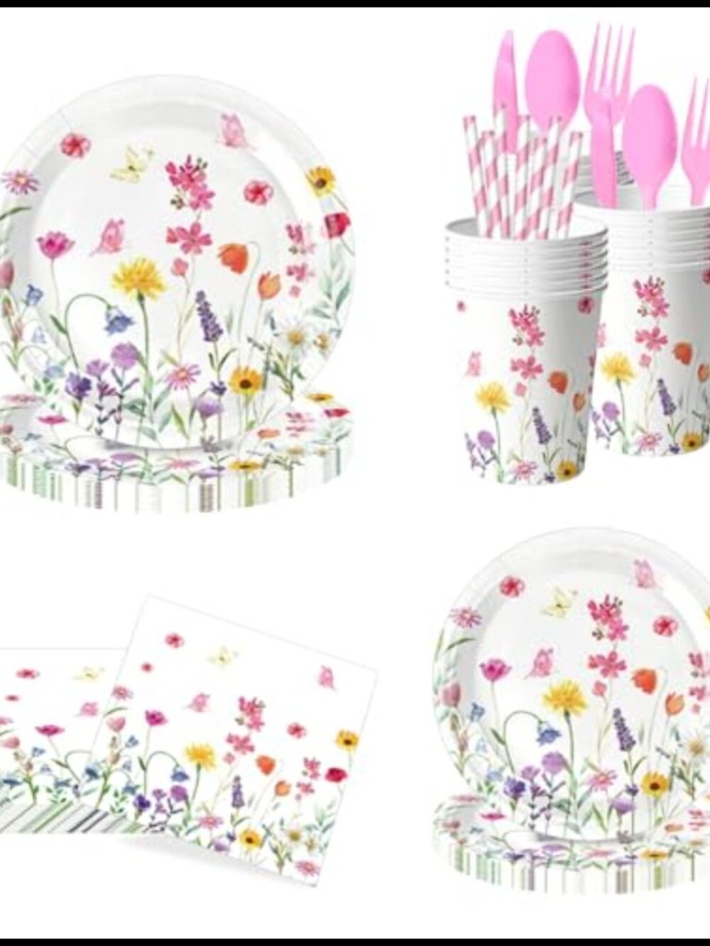 160Pc Wildflower Party Tableware Set for 20 Guests Disposable Paper Plates